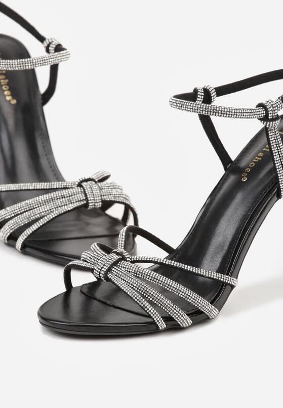 Czarne Cyrkoniowe Sandały na Szpilce z Przeplatanymi Paseczkami Mirafera 6