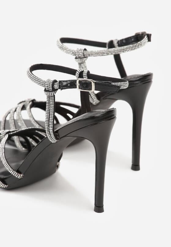 Czarne Cyrkoniowe Sandały na Szpilce z Przeplatanymi Paseczkami Mirafera 7