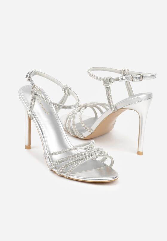 Srebrne Cyrkoniowe Sandały na Szpilce z Przeplatanymi Paseczkami Mirafera 5