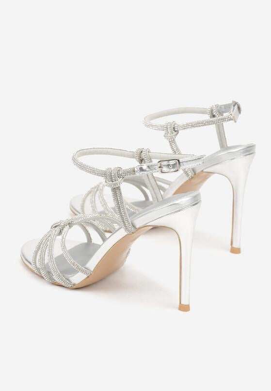 Srebrne Cyrkoniowe Sandały na Szpilce z Przeplatanymi Paseczkami Mirafera 6