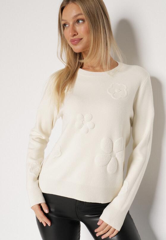 Beżowy Sweter z Wiskozą i Tłoczonymi Kwiatami Lanifera 1