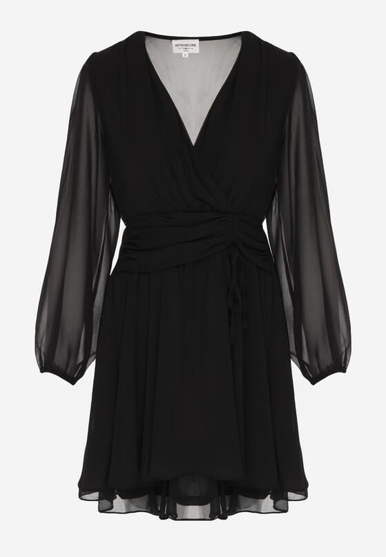 Czarna Rozkloszowana Sukienka z Siateczki z Kopertowym Dekoltem Zenessa 6