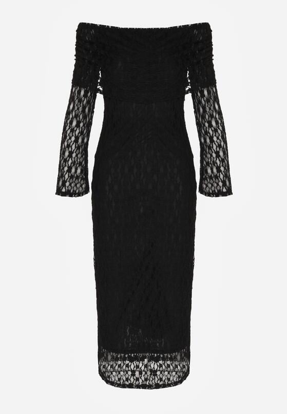 Czarna Koktajlowa Sukienka z Odkrytymi Ramionami z Koronki Eperrie 6