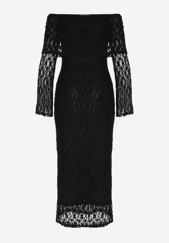 Czarna Koktajlowa Sukienka z Odkrytymi Ramionami z Koronki Eperrie 7