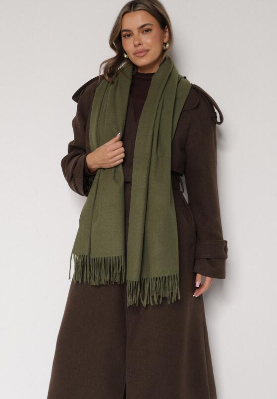 Ciemnozielony Szalik z Bawełną i Wiskozą Ozdobiony Frędzlami Siadortia 1