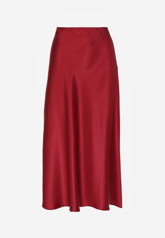Bordowa Rozkloszowana Midi Spódnica Satynowa Zapinana na Suwak z Gumką w Pasie Williwarne 6