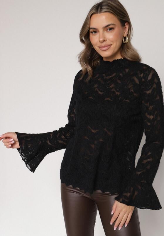 Czarna Koronkowa Bluzka ze Stójką i Rozszerzanymi Rękawami Nefina 2