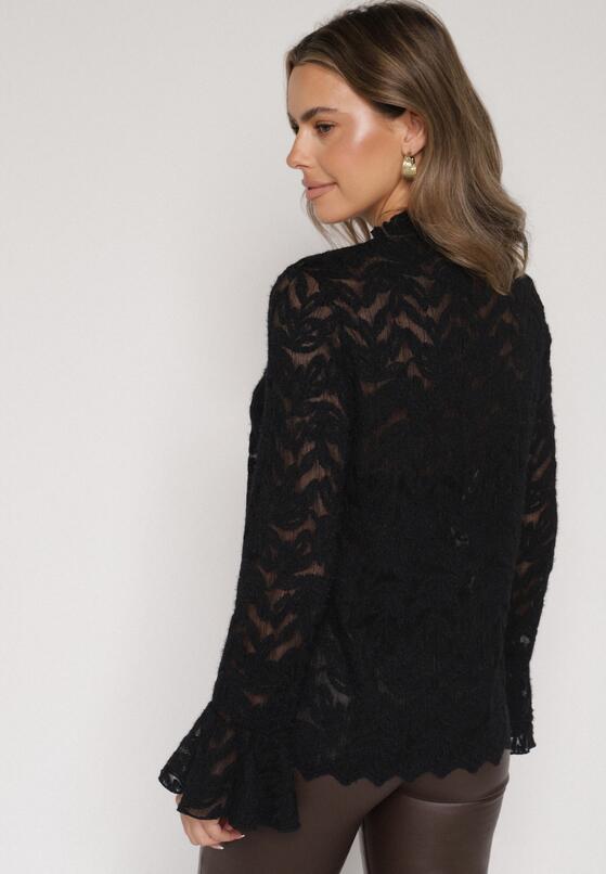 Czarna Koronkowa Bluzka ze Stójką i Rozszerzanymi Rękawami Nefina 3