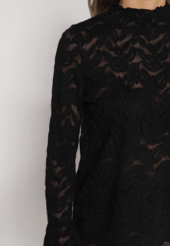 Czarna Koronkowa Bluzka ze Stójką i Rozszerzanymi Rękawami Nefina 5