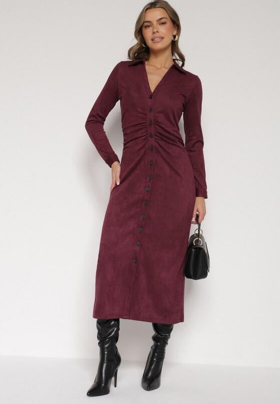 Bordowa Koszulowa Sukienka z Imitacji Zamszu z Marszczeniem w Talii Eselea 2