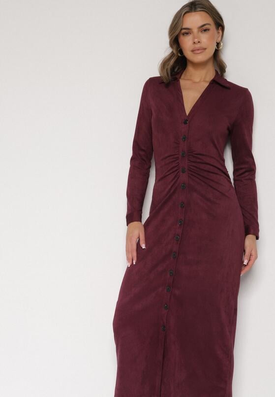 Bordowa Koszulowa Sukienka z Imitacji Zamszu z Marszczeniem w Talii Eselea 4
