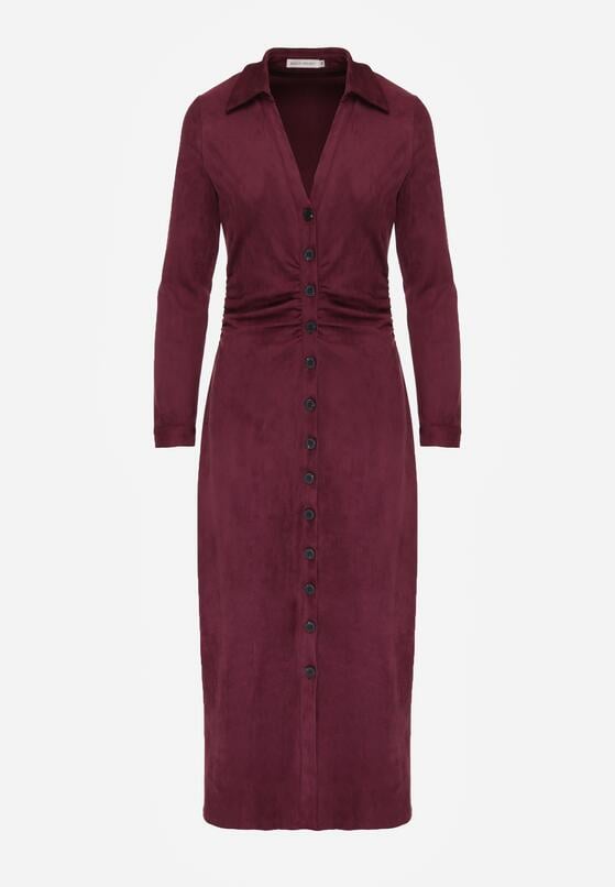 Bordowa Koszulowa Sukienka z Imitacji Zamszu z Marszczeniem w Talii Eselea 6