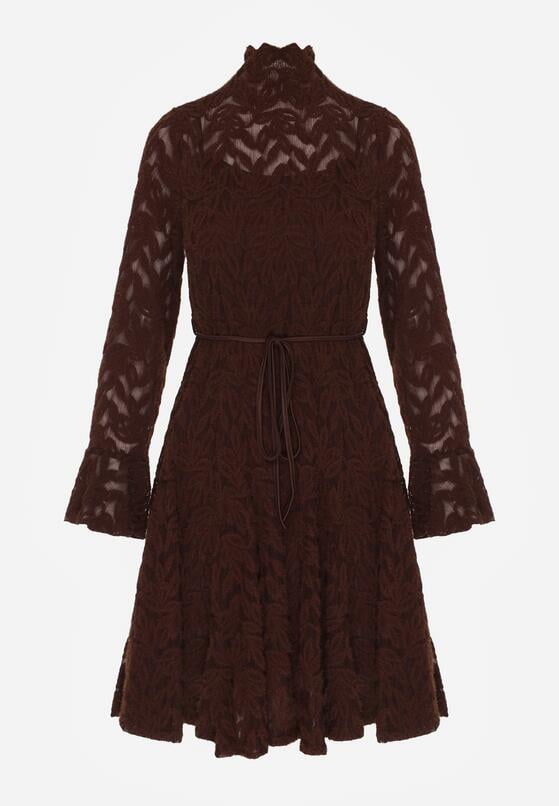 Brązowa Koronkowa Sukienka z Wiązaniem Półgolfem i Falbankami Alnefera 1