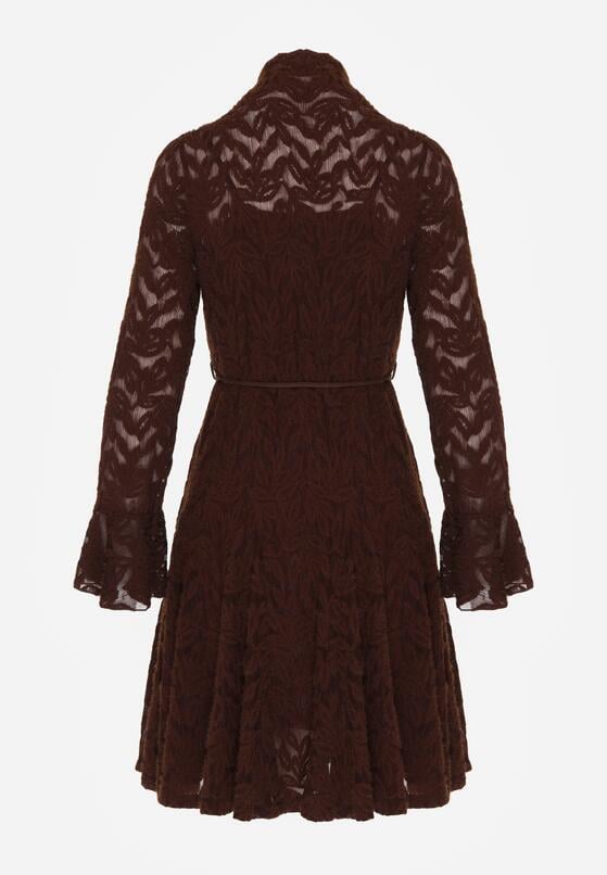 Brązowa Koronkowa Sukienka z Wiązaniem Półgolfem i Falbankami Alnefera 2