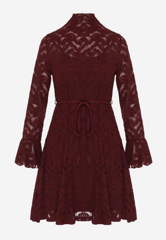 Bordowa Koronkowa Sukienka z Wiązaniem Półgolfem i Falbankami Alnefera 6