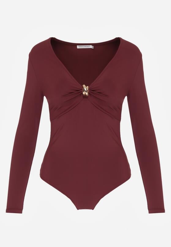 Bordowe Body Ozdobione Aplikacją i Marszczeniem przy Dekolcie Ferenice 4