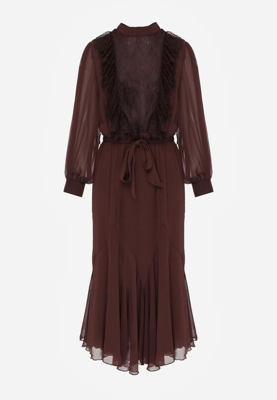 Brązowa Elegancka Sukienka z Bufiastymi Rękawami i Koronkowymi Falbankami Sewlina 6