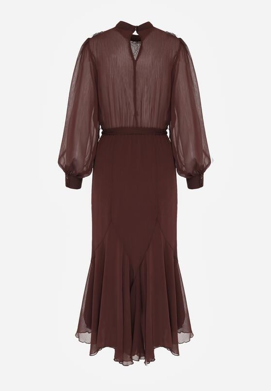 Brązowa Elegancka Sukienka z Bufiastymi Rękawami i Koronkowymi Falbankami Sewlina 7