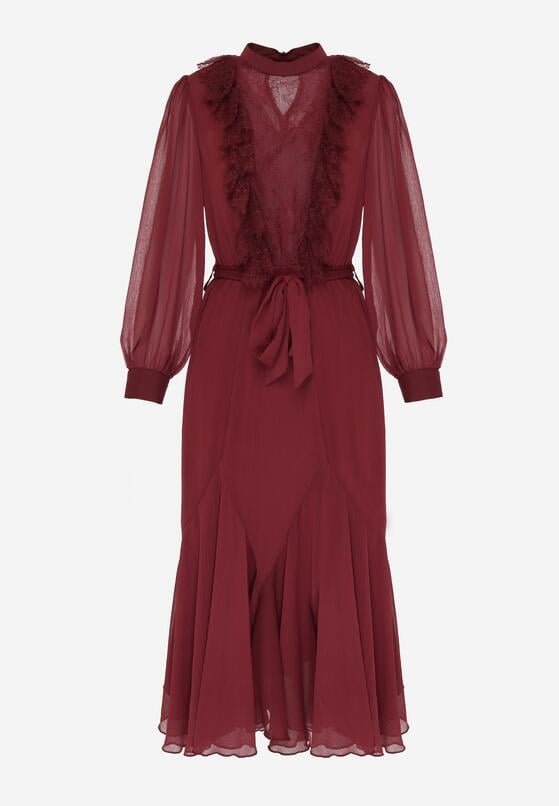 Bordowa Elegancka Sukienka z Bufiastymi Rękawami i Koronkowymi Falbankami Sewlina 6