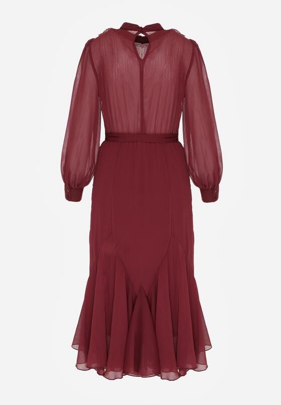 Bordowa Elegancka Sukienka z Bufiastymi Rękawami i Koronkowymi Falbankami Sewlina 7