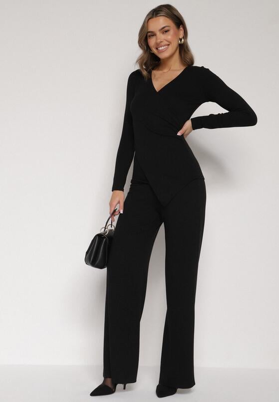 Czarny Bawełniany Komplet Kopertowa Bluzka z Długim Rękawem i Spodnie Ferenna 1