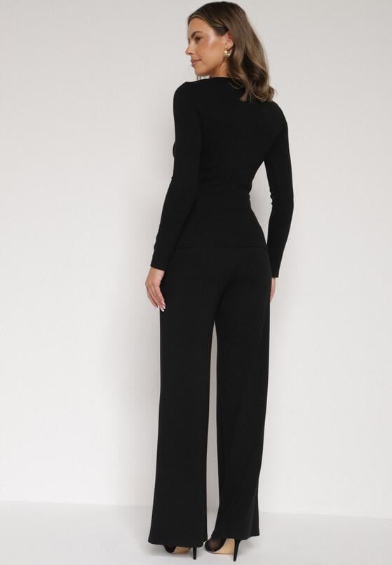 Czarny Bawełniany Komplet Kopertowa Bluzka z Długim Rękawem i Spodnie Ferenna 3