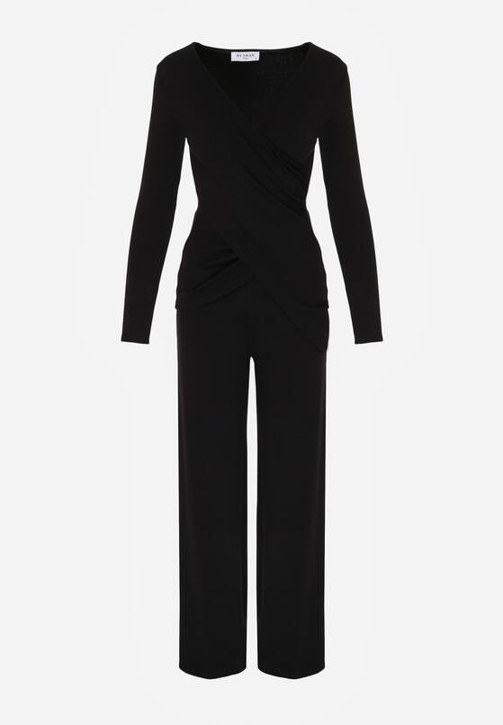 Czarny Bawełniany Komplet Kopertowa Bluzka z Długim Rękawem i Spodnie Ferenna 6