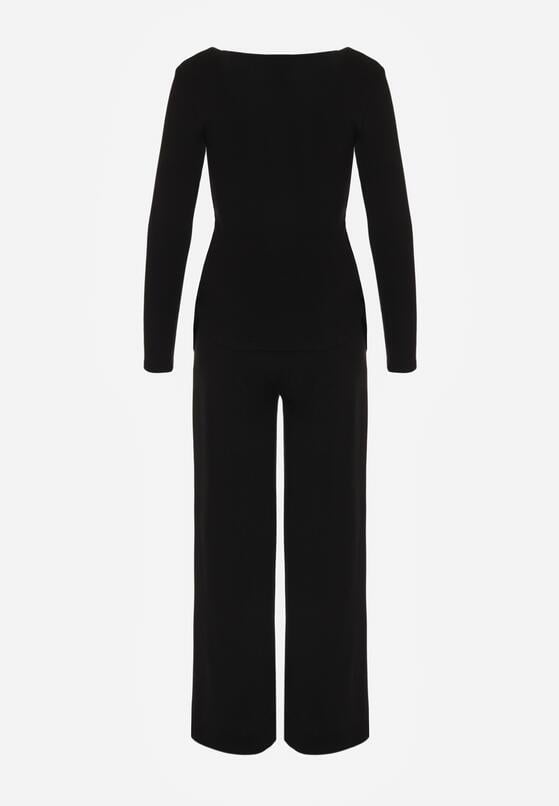 Czarny Bawełniany Komplet Kopertowa Bluzka z Długim Rękawem i Spodnie Ferenna 7