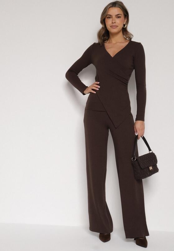 Brązowy Bawełniany Komplet Kopertowa Bluzka z Długim Rękawem i Spodnie Ferenna 2