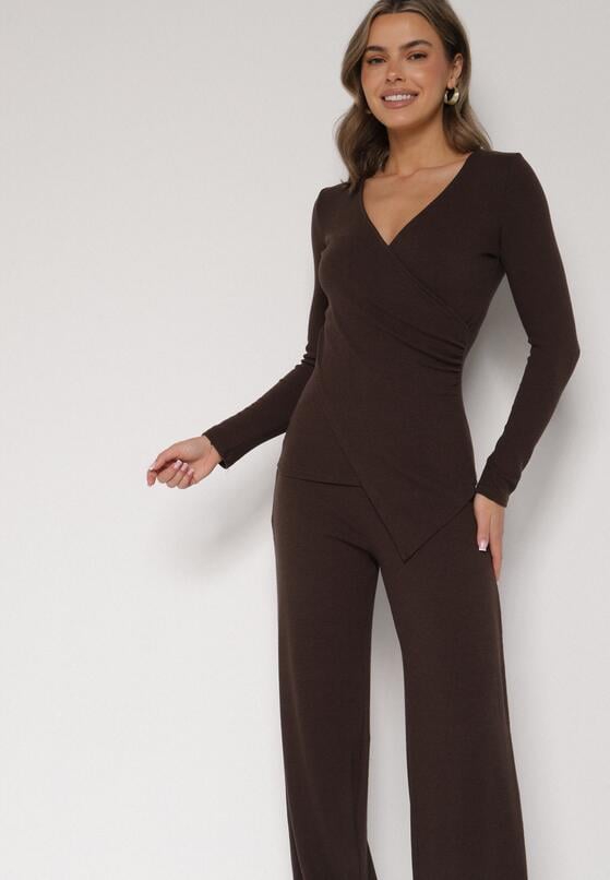 Brązowy Bawełniany Komplet Kopertowa Bluzka z Długim Rękawem i Spodnie Ferenna 5