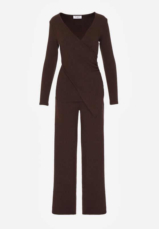 Brązowy Bawełniany Komplet Kopertowa Bluzka z Długim Rękawem i Spodnie Ferenna 6