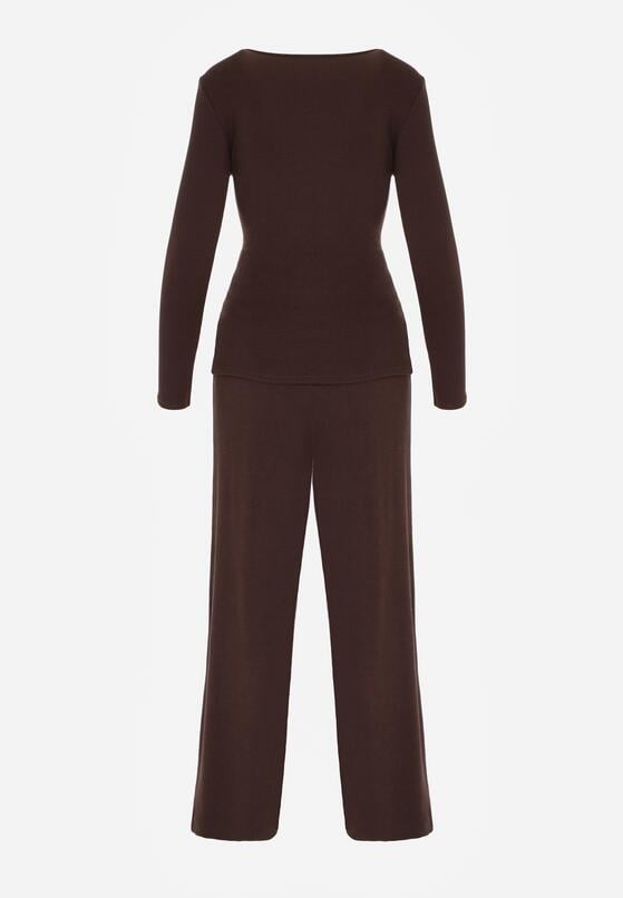 Brązowy Bawełniany Komplet Kopertowa Bluzka z Długim Rękawem i Spodnie Ferenna 7