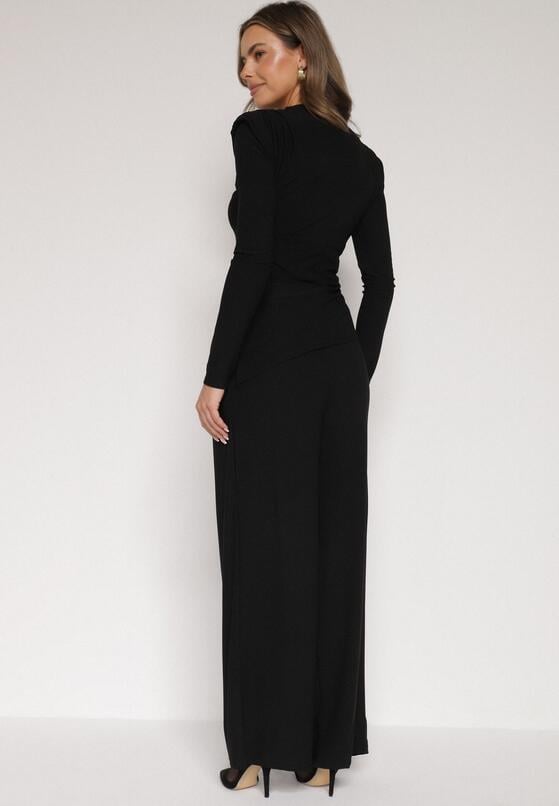 Czarny Elegancki Komplet Szerokie Spodnie i Bluzka z Usztywnianymi Ramionami Sewesta 3