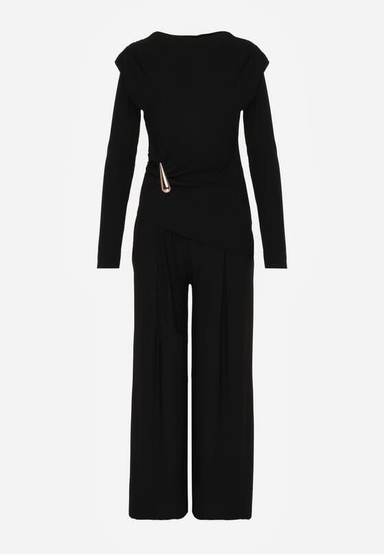 Czarny Elegancki Komplet Szerokie Spodnie i Bluzka z Usztywnianymi Ramionami Sewesta 6