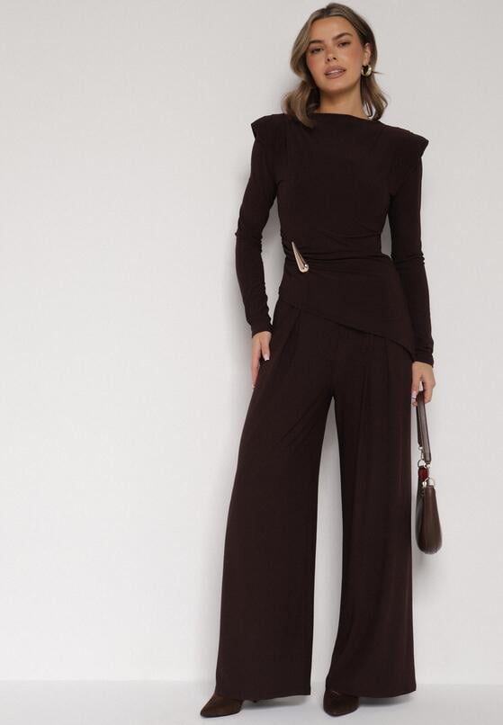 Brązowy Elegancki Komplet Szerokie Spodnie i Bluzka z Usztywnianymi Ramionami Sewesta 2