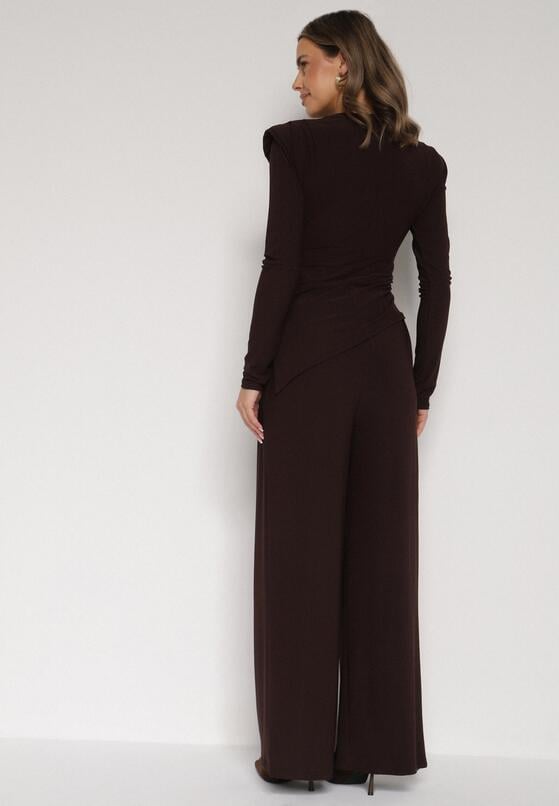 Brązowy Elegancki Komplet Szerokie Spodnie i Bluzka z Usztywnianymi Ramionami Sewesta 3