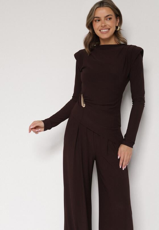 Brązowy Elegancki Komplet Szerokie Spodnie i Bluzka z Usztywnianymi Ramionami Sewesta 5