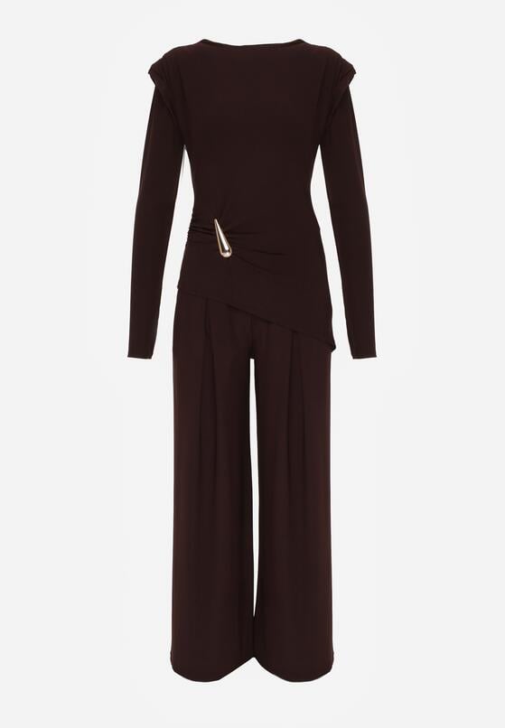 Brązowy Elegancki Komplet Szerokie Spodnie i Bluzka z Usztywnianymi Ramionami Sewesta 6