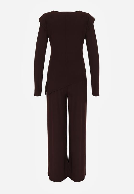 Brązowy Elegancki Komplet Szerokie Spodnie i Bluzka z Usztywnianymi Ramionami Sewesta 7