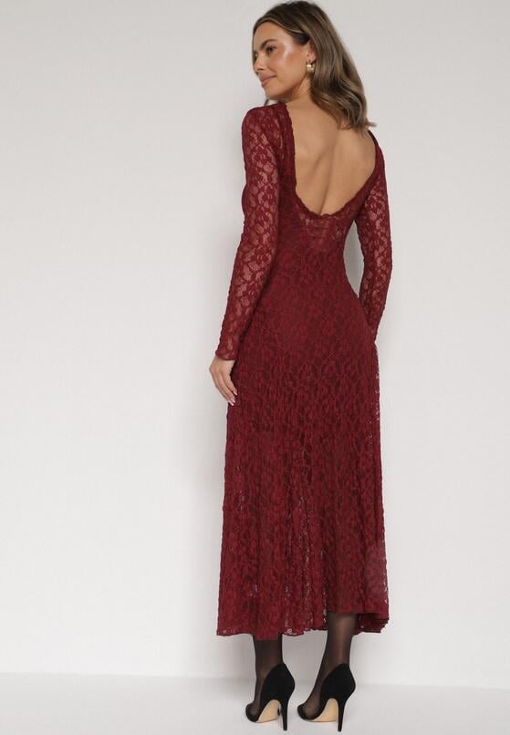 Bordowa Koronkowa Sukienka Taliowana z Odkrytymi Plecami Talifera 3
