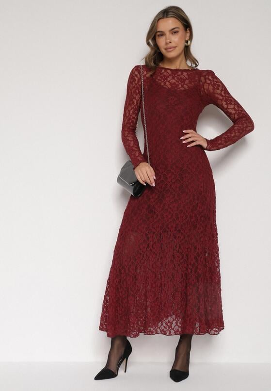 Bordowa Koronkowa Sukienka Taliowana z Odkrytymi Plecami Talifera 4