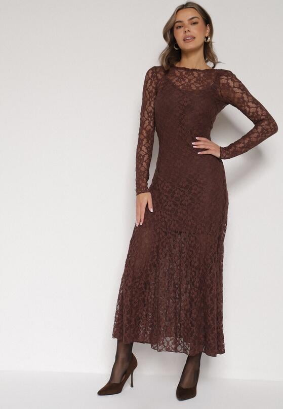 Brązowa Koronkowa Sukienka Taliowana z Odkrytymi Plecami Talifera 1