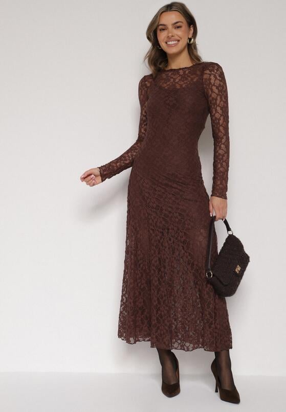 Brązowa Koronkowa Sukienka Taliowana z Odkrytymi Plecami Talifera 2