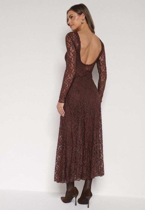 Brązowa Koronkowa Sukienka Taliowana z Odkrytymi Plecami Talifera 3