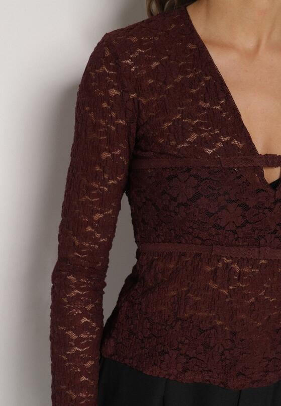 Bordowa Koronkowa Bluzka z Długim Rękawem i Dekoltem w Serek Senafera 5