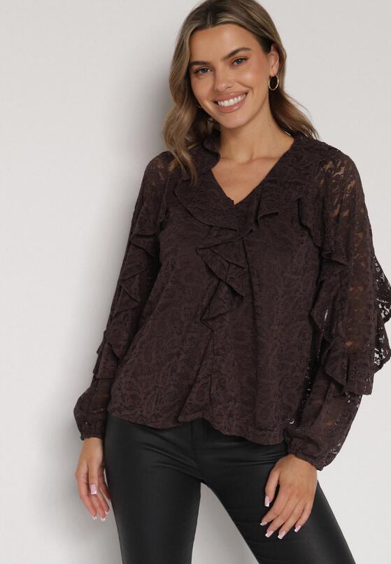 Brązowa Bluzka z Koronki Ozdobiona Falbankami Sewola 2