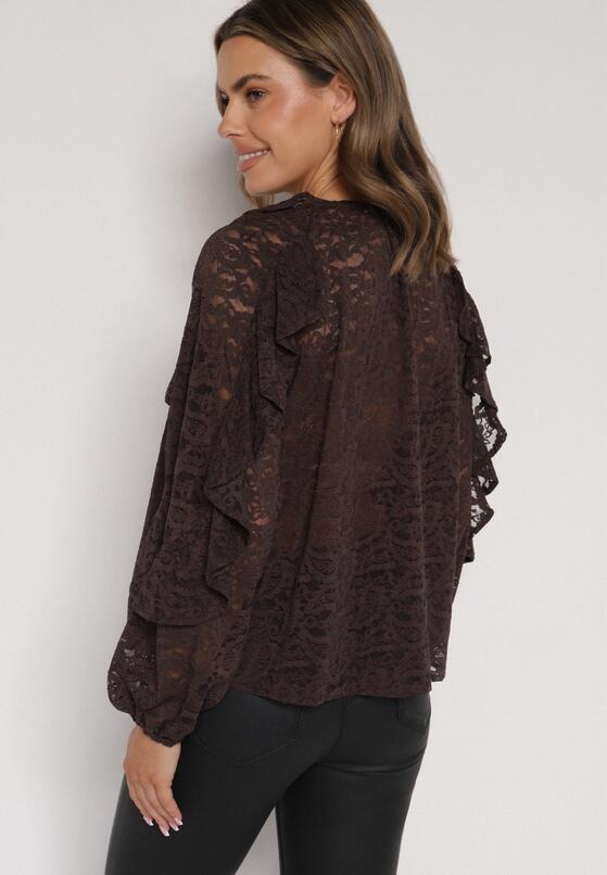 Brązowa Bluzka z Koronki Ozdobiona Falbankami Sewola 3