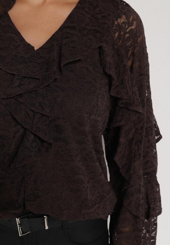 Brązowa Bluzka z Koronki Ozdobiona Falbankami Sewola 5