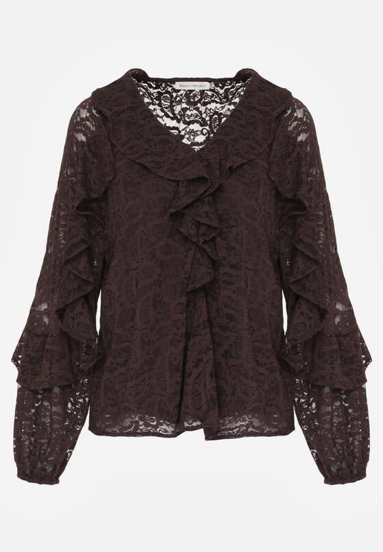 Brązowa Bluzka z Koronki Ozdobiona Falbankami Sewola 1