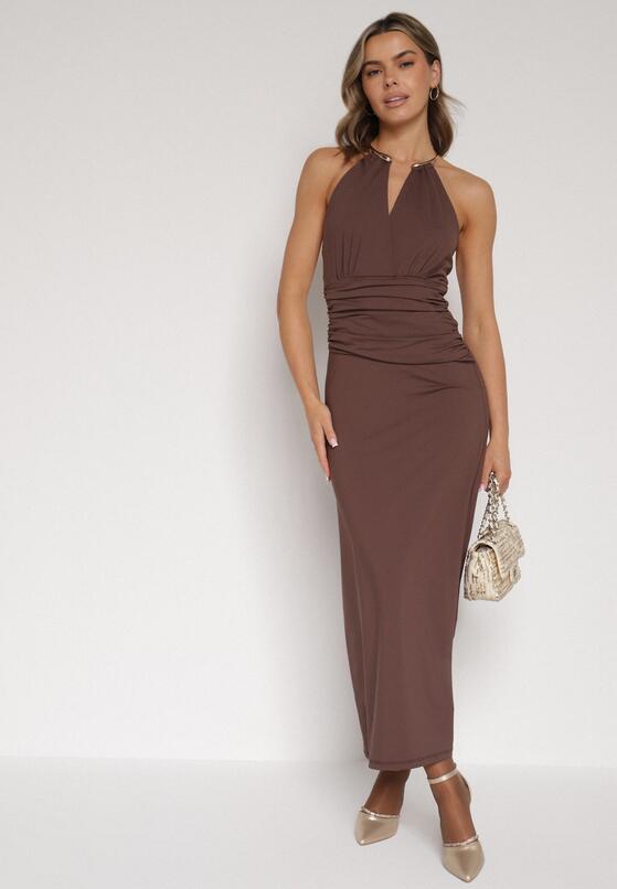 Brązowa Sukienka Koktajlowa z Dekoltem Halter i Odkrytymi Plecami Sewrina 2